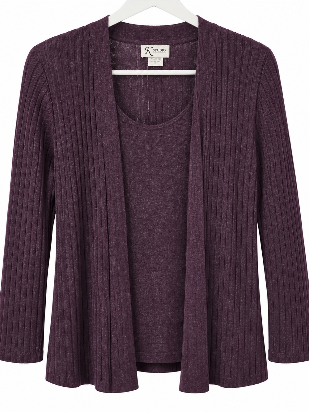 K Studio Size 6 Purple Ribbed 2 Piece Cardigan & Tank Sweater Set Made in USA